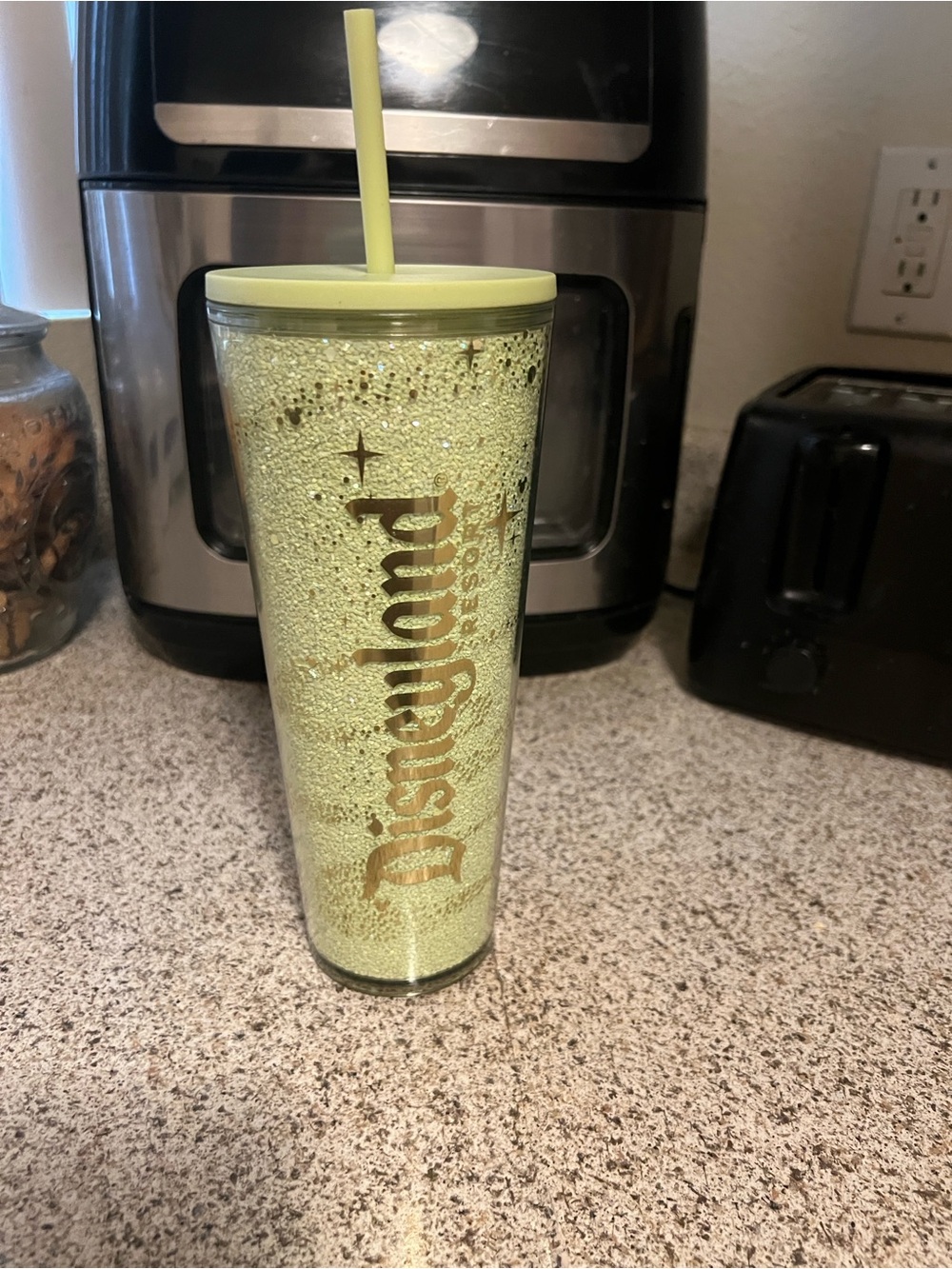 Disney Lime Glitter Travel Tumbler with Gold Logo and Straw
